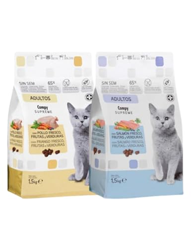 Pack Combinado para Gatos Adultos, Pollo Fresco y Salmón Fresco con Frutas y Verduras, 2 x 1,5 kg - Compy Supreme