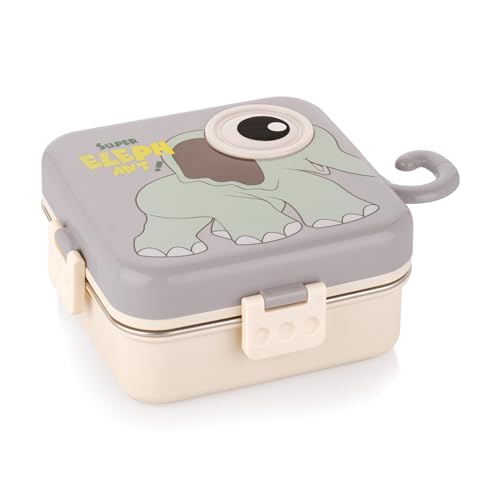 Image of ATTRO Carnival Super Elephant Lunch Box 2 Layer Stainless Steel Lunch Box Comes with 1 Detachable Tray, 1 Small Container & 1 Spoon Ideal for Kids BPA Free 1120ml+70ml- Grey