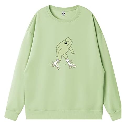 KEEVICI Cute Frog Sweatshirt for Teen Girls Kawaii Hoodie Oversized Aesthetic Animal Print Sweaters Baggy Crewneck Pullover (Light Green,S,Small) Cover