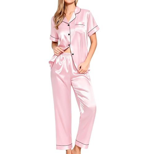 Image of SWOMOG Women Satin Pajamas Set Short Sleeve Top & Pants Sleepwear Silky Button Down Nightwear 2pcs Loungewear Pjs Set