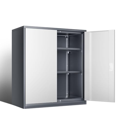 Image of DNA Motoring 36'' Metal Storage Cabinet, Locking Tool Cabinet with 2 Doors and 2 Adjustable Shelves, Heavy Duty Metal Locker for Garage,Office,Home,Gym, Gray White, TOOLS-00631-GY-WH-A