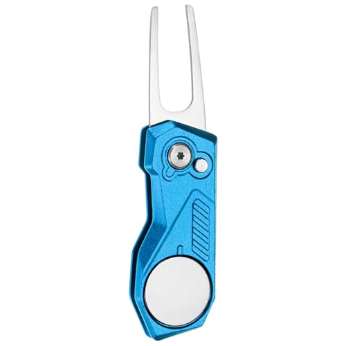 TIXIPEM Golf Divot Repair Tool- Switch Foldable Divot Tool with Magnetic Ball Marker & Open Button Use for Golf Accessories & Gifts - [Blue] Green Fork Tines