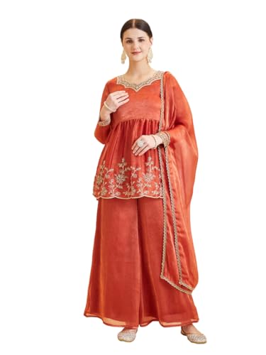 Image of MOKOSH Women's Silk Embroidered Kurta Set with Dupatta | Ethnic wear | 3 Piece Outfit | Festive Kurta Set | Peplum Kurti Sharara & Dupatta | Sweetheart Neck