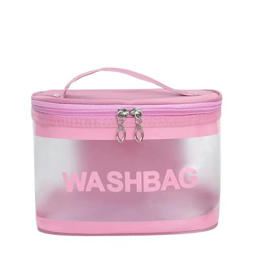 Image of Transparent and PU Waterproof Cosmetic Wash Bag (Pink, Square Shape) - Travel Toiletry Organizer Pouch with Zipper & Handle for Makeup & Skincare (21.5W x 15B x 16H cm, Pack of 1)