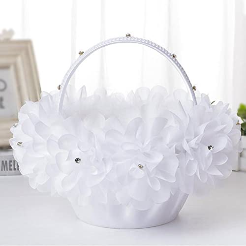 QSDGFH Lot de 2 paniers de fleurs pour mariage, panier de fleurs décoré avec des plumes et des fleurs en satin, poignée pliable, panier de rangement pour bonbons pour fête de mariage, Blanc, 2Pcs Cover