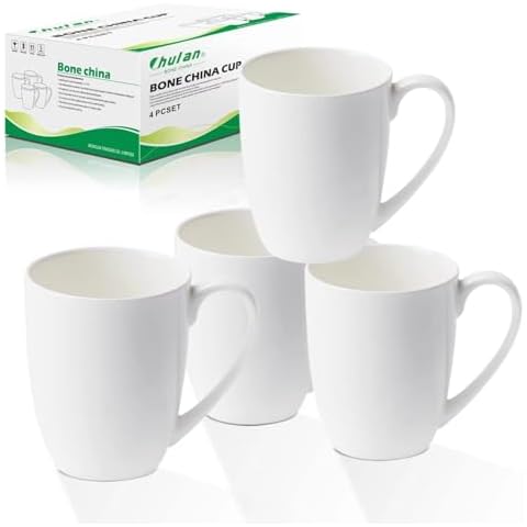 Chulan White Fine Bone China Coffee Mugs 12 oz, Over 45% Bone Content Lightweight Porcelain Cup for Espresso Latte Mocha Cappuccino, Luxury Ceramic Tea Cups, Set of 4 Easy to Clean Moonlight Series Cover