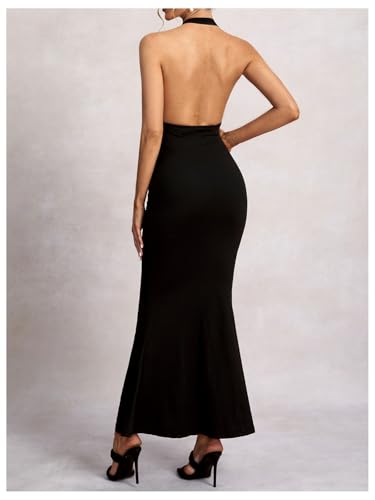 Women's Halter Deep V Neck Bodycon Dress Ruched Fishtail Backless Cocktail Maxi Dresses2