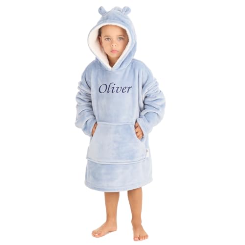 Personalised Kids Oversized Hoodie - Hoodie Blanket Fleece Fluffy Snuggle Hooded Blanket Kids Hoodies Boys Girls Age 3-6 Years Dusky Blue