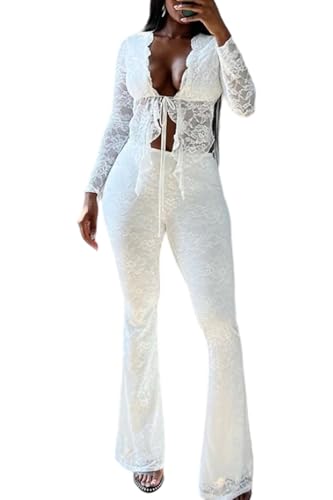 Sezhgswd Women's Sexy Lace 2 Piece Set Tie Front Ruffle