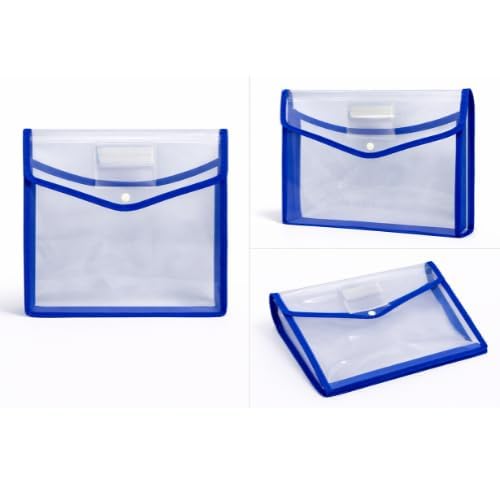 Image of LIKHIT Clear Document Folder Bag with Snap Button Closure | Transparent Plastic File Organizer with Blue Border | Waterproof A4 Document Holder for Office, School, Home & Travel
