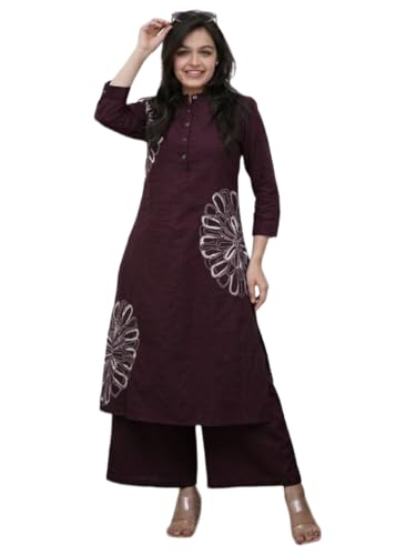 Image of GoSriKi Cotton Blend Embroidered A-Line Kurta with Palazzo for Women | Cotton Blend Orange | 3 /4 Sleeve | Mandarin Collar | Ethnic Wear Casual Wear
