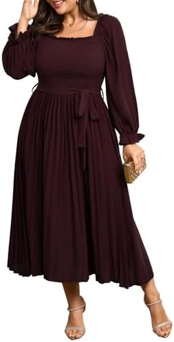 Women's Plus Size Dress Long Sleeve Smocked Square Neck Ruffle Pl...