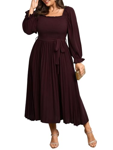 SHESTARR Womens Plus Size Dress Long Sleeve Smocked Square Neck Ruffle Pleated Flowy Wedding Guest Maxi Fall Dress Burgundy