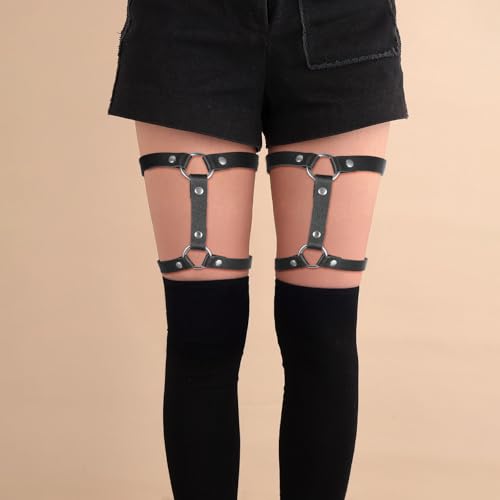 2 Rows Thigh Garters for Women, Leather Leg Harness Adjustable Garter Belt Elastic Thigh Ring Garter Punk Gothic Strap Body Chain Accessories Harness for Leg Women Fashion, Black3