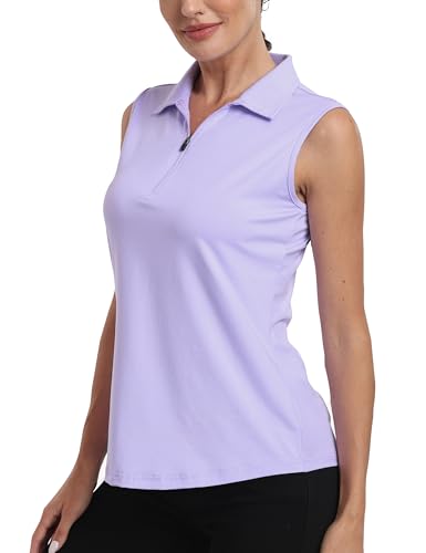 MoFiz Womens Golf Polo Shirts Sleeveless Gym Tennis Golf Top Summer Breathable Casual Work Sports T-Shirt with 1/4 Zip Light Purple Size US 2XL