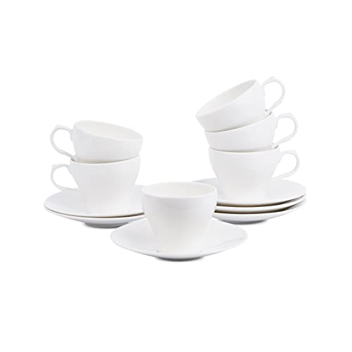 Image of Dandy Lines Liza White Tea Cups, Plain Solid, Luxury Tea Cup and Saucer Set, Ideal for Tea Time, Ceramic, Pack of 12, Microwave & Dishwasher Safe, Great for Hosting & Gifting