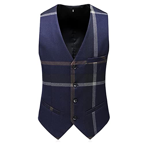 Men's Plaid Suit Slim Fit 3 Piece Casual Suits One Button Blazer Business Wedding Party Jacket Tuxedo Vest & Pants Blue #TOP4