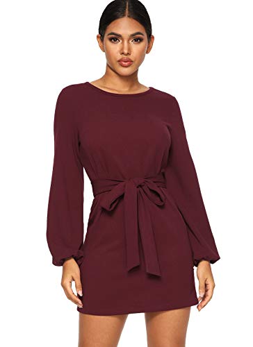 Milumia Women s Elegant Knot Waist Boat Neck Long Sleeve Solid Mini Dress Burgundy Medium