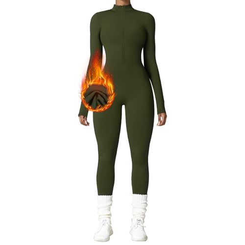 OEAK Damen Sport Jumpsuit Lang Eng Yoga Overall Langarm Rollkragen Playsuits mit Reißverschluss Nahtloser Fleece gefüttert Bodysuit Einteiler Romper,Armeegrün,S