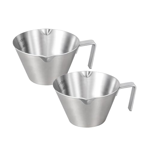 YARRAMATE 2 Pcs Espresso Cups with Handle, Stainless Steel Espresso Accessories, Double Spout Metal Measuring Cup with Dual Scale, Espresso Shot Cup with V-Shaped Mouth, 3.4OZ/100ML，Sliver
