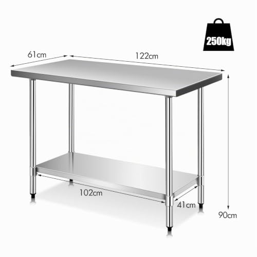 COSTWAY Table de Travail Cuisine en Acier Inoxydable, Plan de Travail Cuisine à 2 Niveaux, Étagère Inférieur Réglable, 122 x 61 x 90cm, Argent – vue 3