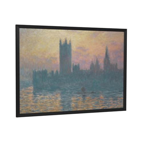 40x30cm モネ 国会議事堂、夕日 1903年 ポスター 部屋飾り キャンバスウォールアート 印刷 版画 壁飾り 壁の絵 壁掛け ソファの背景絵画 黒枠 複製画 ブラックフレーム付き