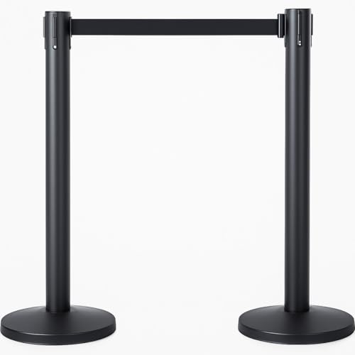 Aluanz Poteaux de guidage 2 pièces - Acier inoxydable noir mat, poteaux de balisage avec sangle rétractable 2,30 m, base stable lestée 8 kg, gestion des...
