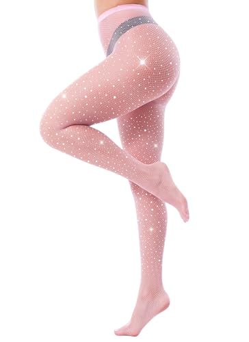 Image of VEBZIN Sparkly Fishnets Stockings High Waist Fishnet Tights for Women | Rhinestone Design, Sparkly Glitter Effect, Reinforced Toe, High Stretch, Everyday Wear, Rave Party Concert Festival Outfits