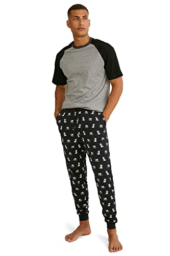 C&A Herren Pyjama Regular Fit Bedruckt|Colour-Blocking Viskose|Baumwolle schwarz/grau 2XL