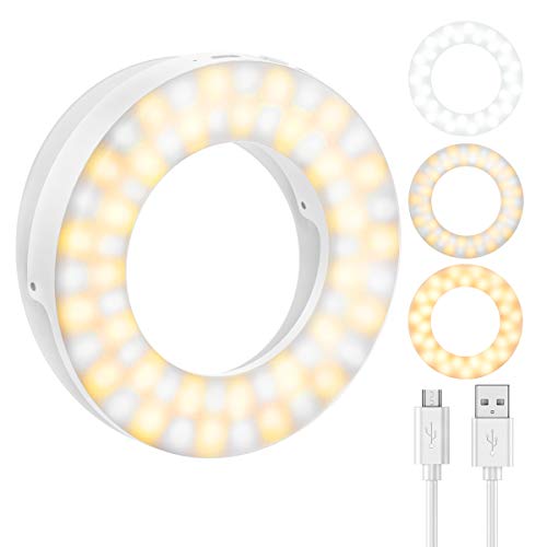 (Upgraded Version) Clip-on 60LED Selfie Ring Light, 3 Lighting Colors, 350mAh Rechargeable Phone Camera LED Light, Brightness Adjustable Selfie Circle Light for Smartphones, Laptop ((1m USB Cable)