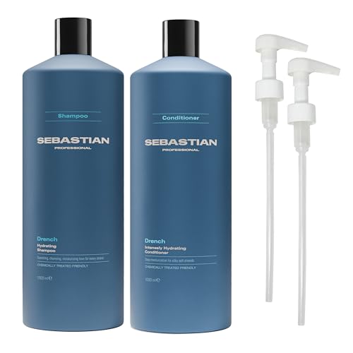 Sebastian Professional Drench Shampoo & Conditioner Duo Set | 33.8 Fl Oz Liter Bottles Prepack with Pumps Included Deep Moisturizing for Dry Frizzy & Chemically Treated Hair | Packaging May Vary