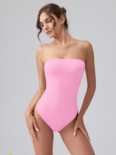 Image of OQQ Womens Tube Bodysuits Strapless Basic Sleeveless Ruched Stretch Classic-Fit Tops Sexy Bodysuits