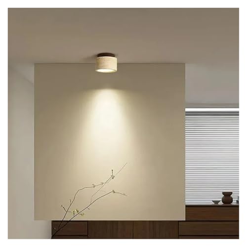 Yellow Travertine LED Ceiling Lamp Japanese Wooden Downlight Round Wood