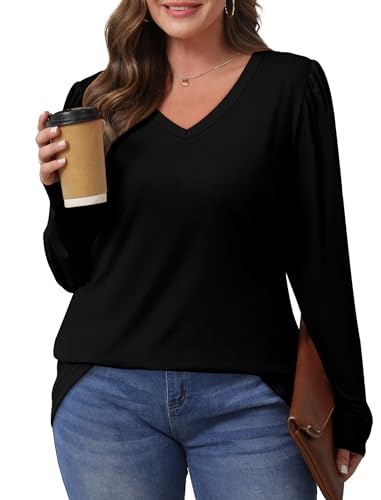 OFEEFAN T Shirts for Women V Neck Dressy Casual Blouses Puff Long Sleeve Fall Outfits Tops Loose Fit3