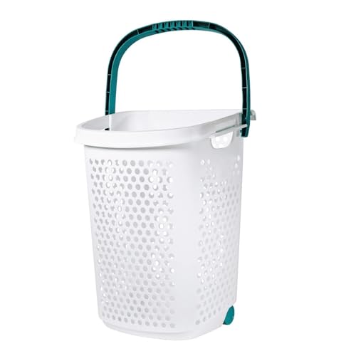 2 Bushel Rolling Plastic Laundry Hamper with Pop-up Handle, White