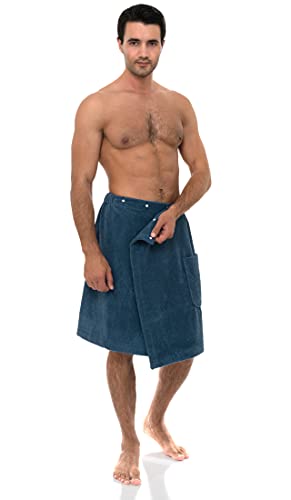 Image of TowelSelections Mens Shower Wrap Adjustable Cotton Terry Bath Gym Cover Up with Snaps Small-Large Stellar Blue