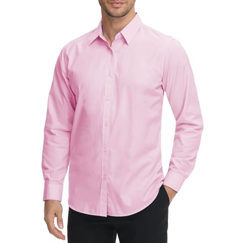 VANCOOG Men's Slim Fit Dress Shirts Stretch Wrinkle-Free Long Sleeve Casual Button Down Shirts-Pink-XS