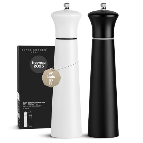 Black Sweden Home Moulin à Poivre Manuel et Moulin à Sel - Ensemble en Bois Noir et Blanc avec Broyeur Céramique - Design Élégant, Moulins à Poivre et Sel pour...