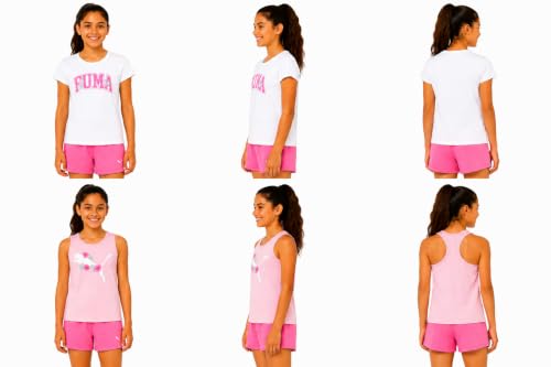 Image of PUMA Girls Active Shorts Set - 3 Piece Performance T-Shirt, Tank Top, Gym Shorts - Summer Athletic Outfit for Girls (7-14)