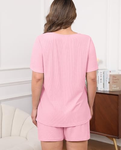 Image of Womens Plus Size Pajama Sets 2 Piece Summer Outfits Short Sleeve Tops Shorts with Pockets for Lounge Sleepwear