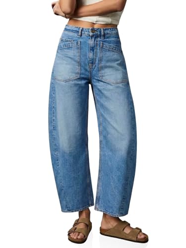 Cicy Bell Womens Baggy Barrel Jeans Cropped High Waisted Wide Leg Boyfriend Vintage Loose Denim Pants Light Blue