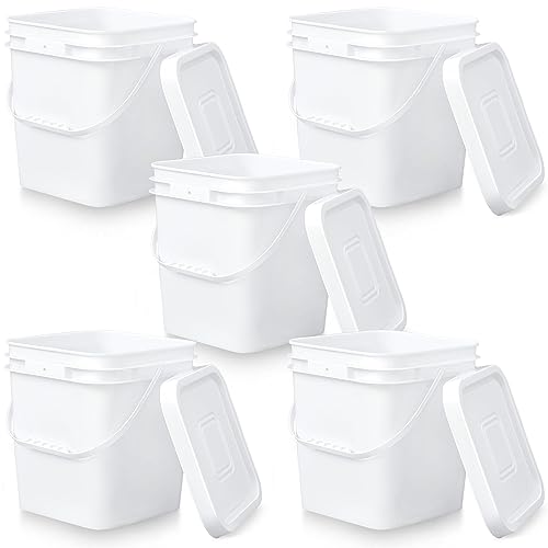 Image of Mumufy 5 Pcs 3.5 Gallon Square Food Grade Bucket with Lid Square Bucket Pail Plastic Handles for Long Term Food Storage, Camping, Fishing, Home Organization Easy Stack and Store (White)