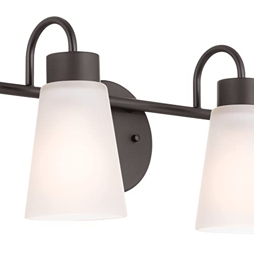 Image of Kichler Erma 4-Light Bathroom Vanity Light Fixture with Satin Etched Glass, Updated Traditional Wall Light in Olde Bronze for Bathroom Mirror (32.5 inch x 8.5 inch x 6 inch), 55127OZ