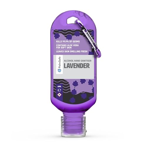 Palm Safe Lavendar 60ml Anti Bacterial Premium Hand Sanitiser Travel Size Refillable Clip Bottle Quick Drying Non Sticky Extra Moisturising Kills 99.9% of Viruses and Bacteria