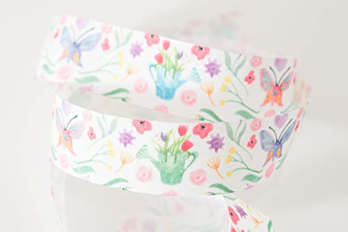 Berisfords Taffeta Patterned Ribbon ‘Flower Patch’ Multicolour on White 25mm Wide 25m Reel, White/Multi, 25mm x 25m - Image 4