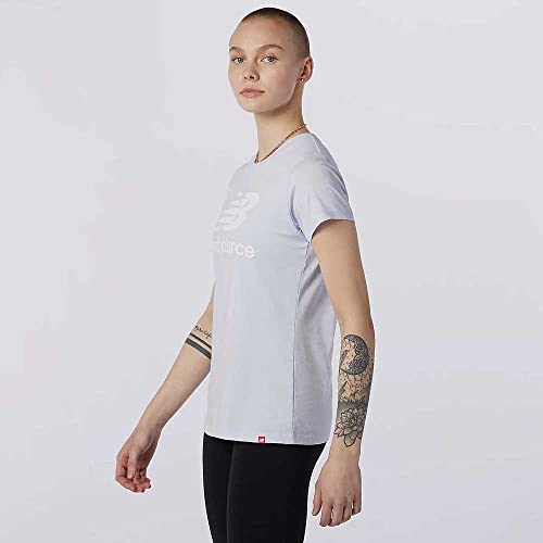 Image of New Balance Women's Standard Essentials Stacked Logo Short Sleeve Shirt, Silent Grey, Small