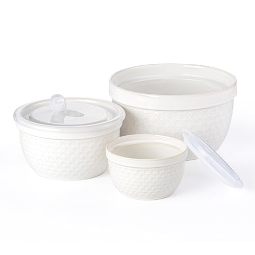 POITONRU Ceramic Mixing Bowls 3-Piece: Nesting Ceramic Bowls with Lids - Microwave Safe for Kitchen Baking and Serving - Ideal for Home Bakers (White)
