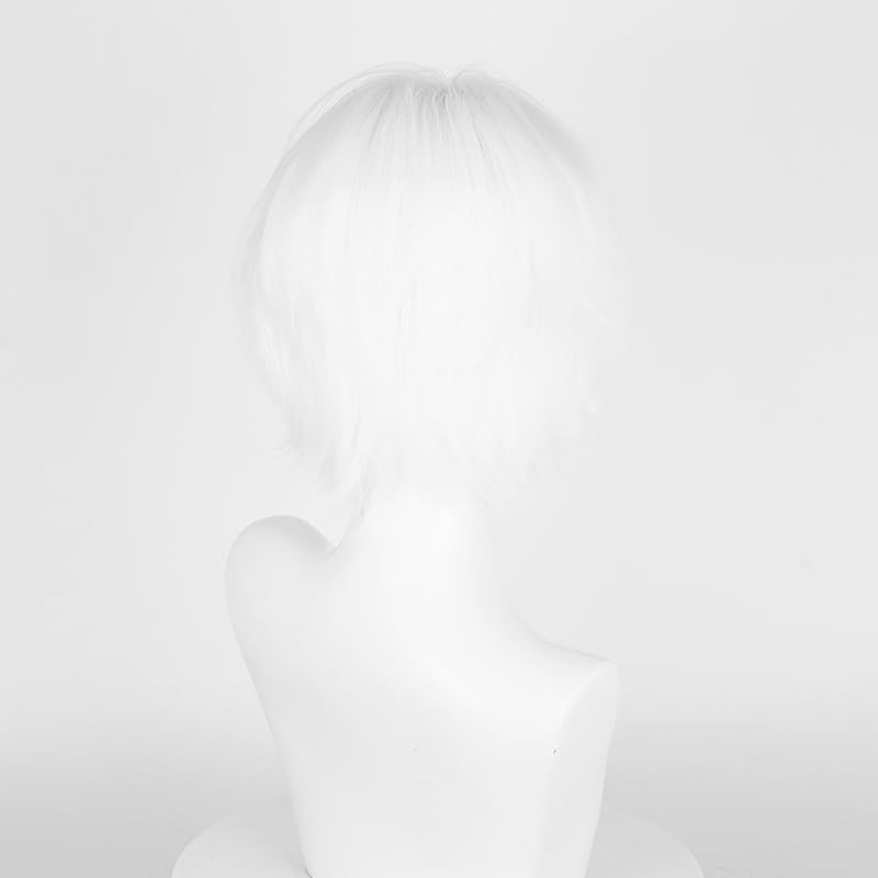 Image of LABEAUTE Unisex Short White Cosplay Wig Male Man Woman With Bangs Anime Fluffy Cosplay Hair Wigs for Party and Halloween for Gift + Free Cap