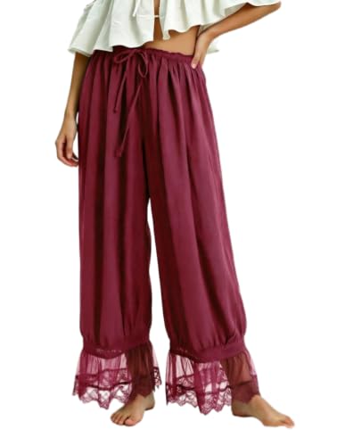 Image of UAURORAO Women Lace Trim Bloomer Pants Flowy Culottes Pantaloons Bloomers