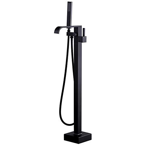 JiaYouJia Waterfall Spout Freestanding Floor Mounted Bathtub Faucet with Hand Shower Single Handle Bathroom Faucet with Handheld Sprayer in Matte Black Floor Mount Tub Filler Leadless Solid Brass